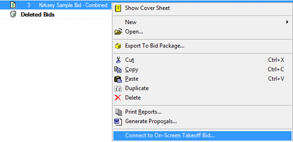 in Quick Bid, right-click on the bid labeled 'combined' and select connect to On-Screen Takeoff Bid...