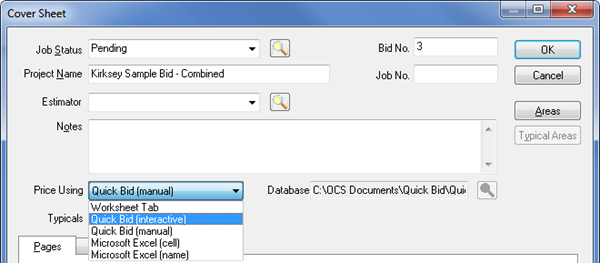 Open the On-Screen Takeoff cover sheet for the combined bid and set the 'price using' option to 'interactive'