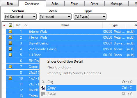 Step 3 - select and copy all Conditions in the Quick Bid project