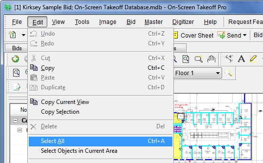 In On-Screen Takeoff, starting on the first page with takeoff, click on the image to set focus, then click edit, select all