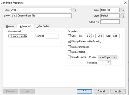 Area Condition Advanced properties