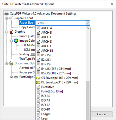 PDF Printer properties showing Page sizes