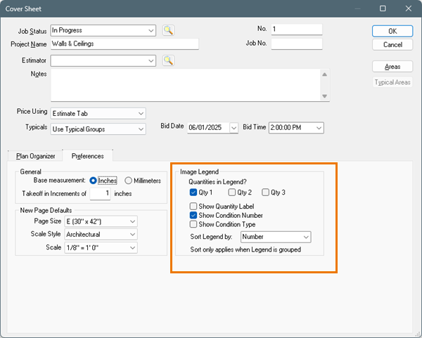 On-Screen Takeoff Cover Sheet showing the Image Legend preferences section