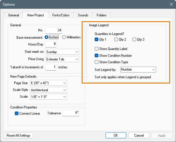 On-Screen Takeoff Options dialog box showing default Image Legend preferences