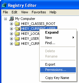 Windows Registry context menu showing the Permissions option