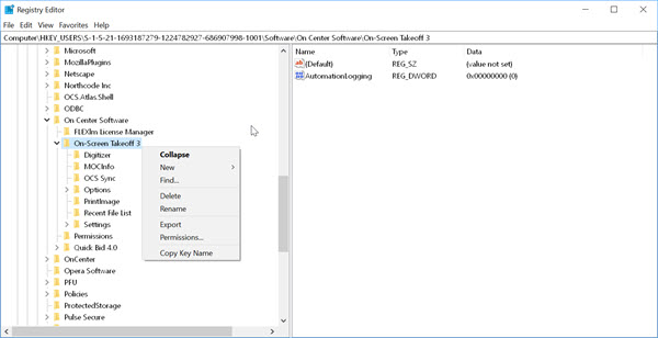 Export specific the On-Screen Takeoff Windows Registry folder