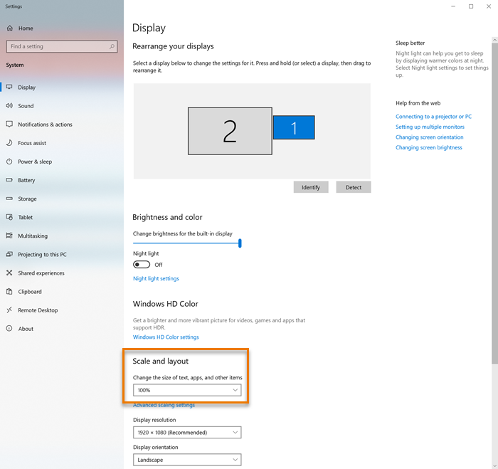 Windows 10 Display Settings screen