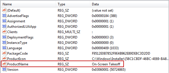 the On-Screen Takeoff installation registry key in Windows Registry Editor