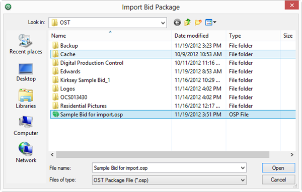 browse to OSP Bid Package location