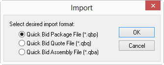 Quick Bid Import Bid Package dialog box - package selected