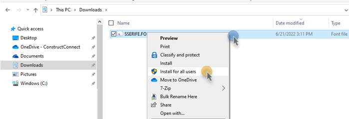 Right-click on the Microsoft MSSerif font installer file and select 'Install for all users'