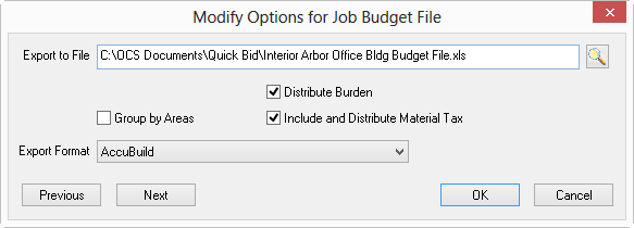 Quick Bid Job Budget Export dialog box - AccuBuild selected