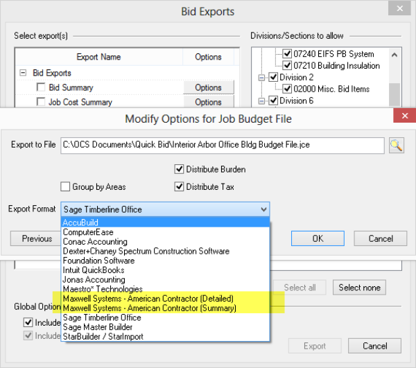 Quick Bid Job Budget Export showing Maxwell Systems options