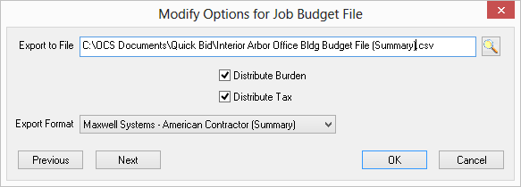 Quick Bid Job Budget Export showing Maxwell Systems summary options
