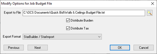 Quick Bid Accounting Exports options dialog box