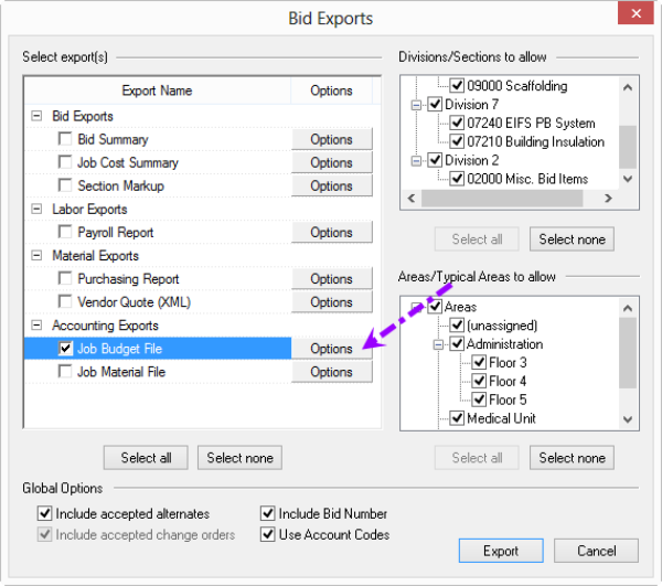 Quick Bid Export - Job Budget options