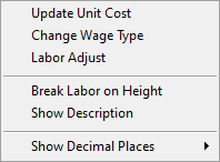 Quick Bid Labor Tab context menu when right-click occurs on a number cell