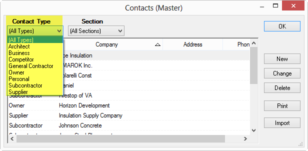 Quick Bid Master Contacts List