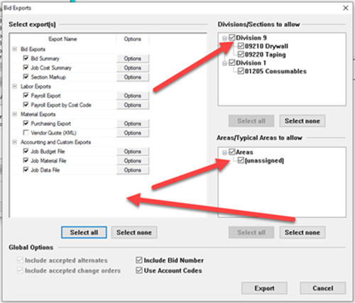 Example of missing windows font display issue in the Quick Bid Bid Exports dialog box