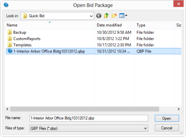 Quick Bid importing Bid Package dialog