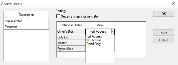 OST Access Levels dialog box