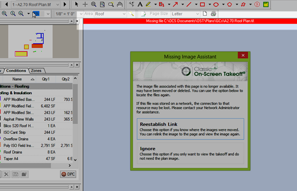 On-Screen Takeoff Image Tab showing the cannot display image warning banner