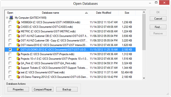 OST Open Databases dialog box