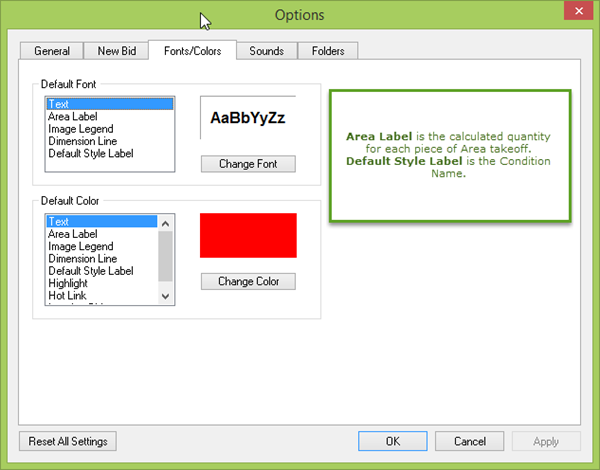 Set defaults for annotations in the Options dialog box's font and color tab