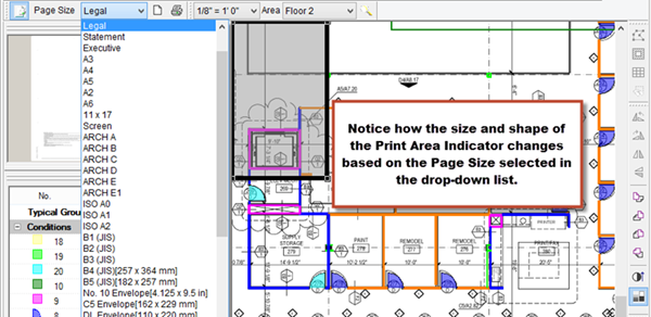 the Print area toolbar's page size drop-down