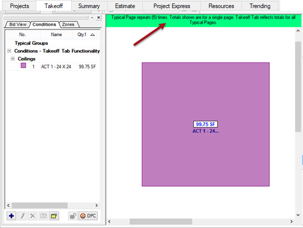 On-Screen Takeoff Image Window banner explaining how many times a Typical Page repeats