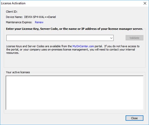 License Activation dialog box - no activated licenses