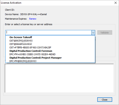 In the License Activation dialog box, the last several successfully activated codes are displayed, grouped by feature