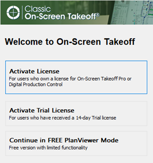 On-Screen Takeoff and Digital Production Control licensing assistant screen