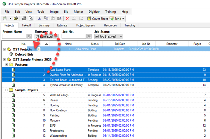 On-Screen Takeoff drag-n-drop a bid from one database to another to copy it