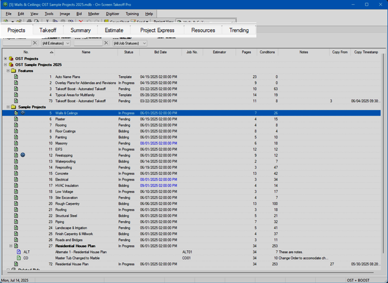 On-Screen Takeoff Program Tabs