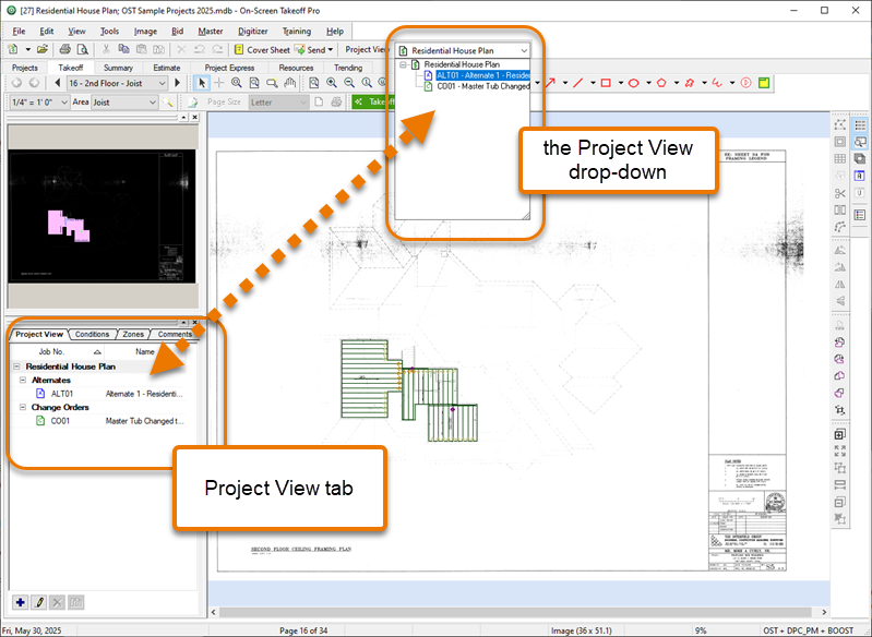 On-Screen Takeoff Takeoff Tab showcasing the Project View tab and Project View drop-down