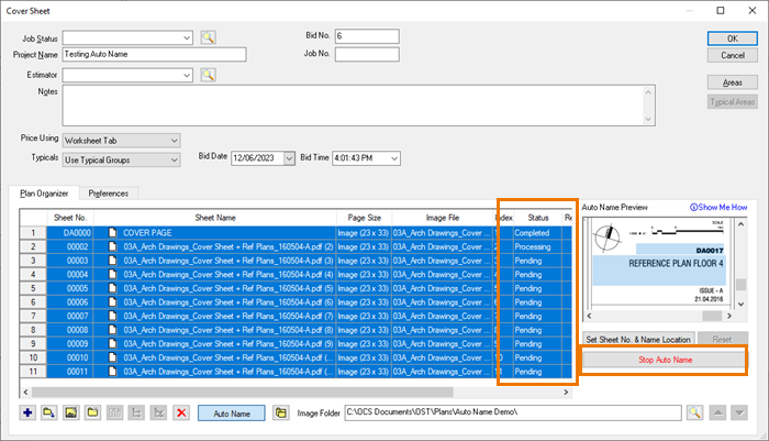 OST Cover Sheet - Auto Name progress indicator - Status updates as Pages are processed