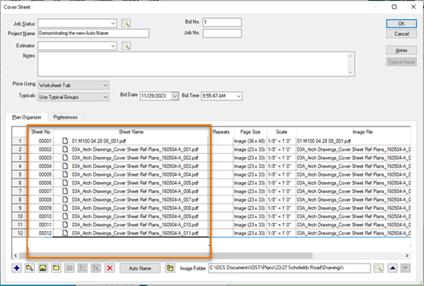 OST Cover Sheet showing original Sheet No. and Sheet Names and the Auto Name panel not visible