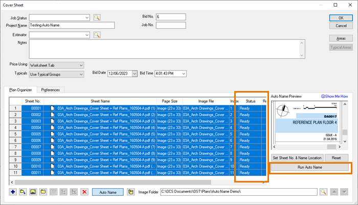 OST Cover Sheet showing Auto Name reference location set for several pages and Run Auto Name button active