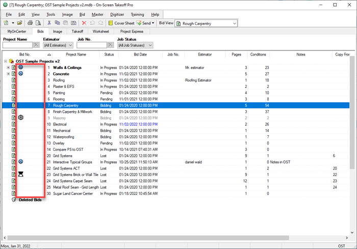 OST Bids Tab Project State icons