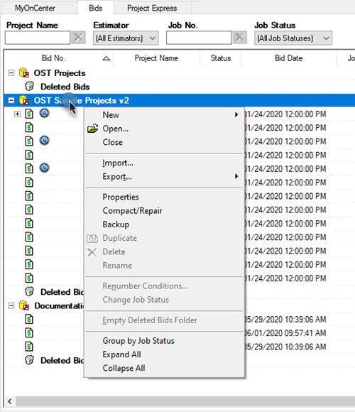 OST Bids Tab context menu - database