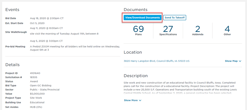 ConstructConnect Project Details Page View-Download Documents button