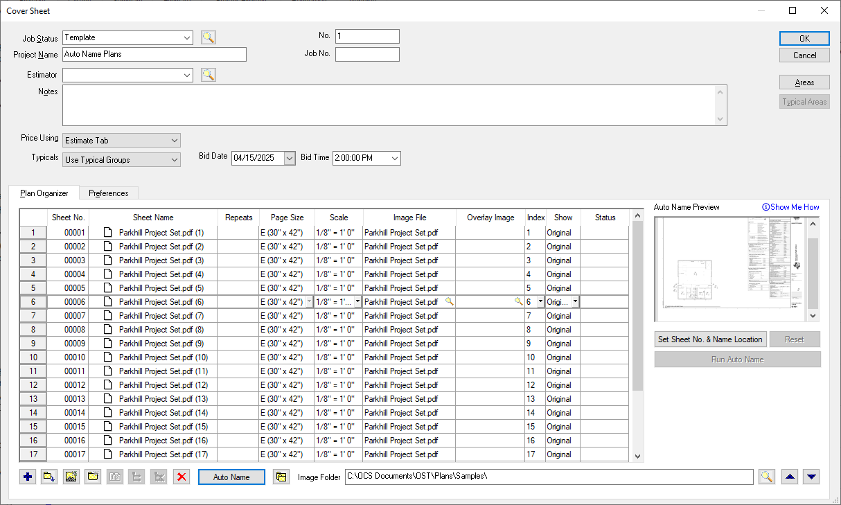 On-Screen Takeoff Cover Sheet - Plan Organizer tab with Auto Name active