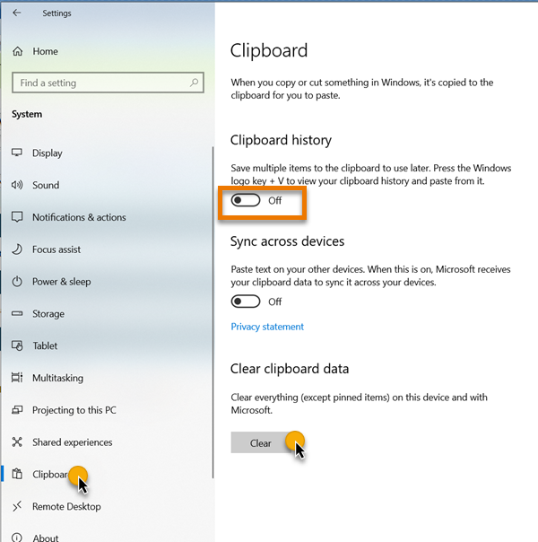 Windows Settings - Clipboard details