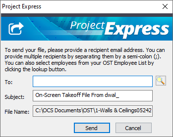 OST send file via Project Express to-from-subject dialog box