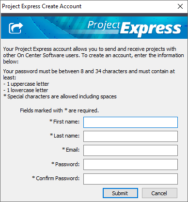 On-Screen Takeoff Project Express Account Sign up form