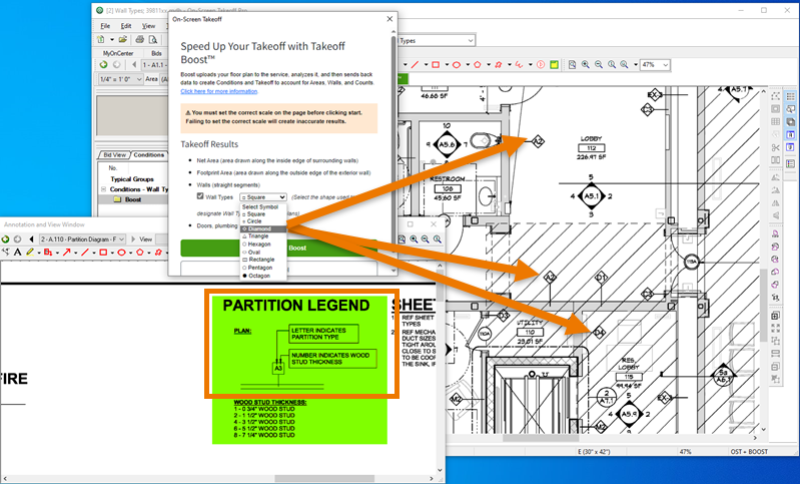 Takeoff Boost plan with arrows pointing out wall type callout