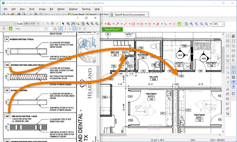 Takeoff Boost plan with arrows pointing out wall type callout