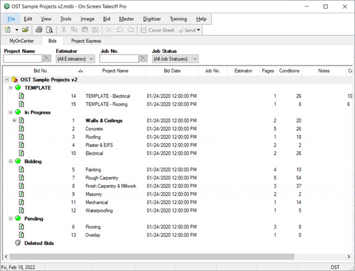 Bids Tab (grouped by Job Status) showing template jobs