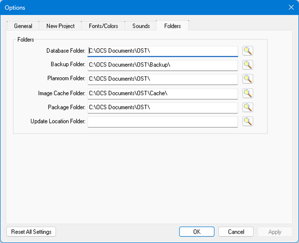 On-Screen Takeoff Options dialog box opened to the Folders tab